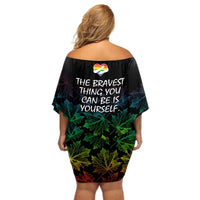 Women’s off-shoulder short dress, back view with rainbow maple leaf graphic