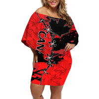 Red and black off-shoulder short soccer dress, front view with lace-up Canada graphics