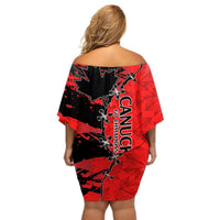 Red and black off-shoulder short soccer dress, back view with lace-up Canada graphics