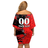 Off-shoulder short dress, red and black back graphic with large number