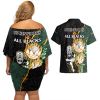 South Africa Protea and New Zealand Couples Matching Off Shoulder Short Dress and Hawaiian Shirt Go All Black-Springboks Rugby with Kente And Maori LT9 - Wonder Print Shop