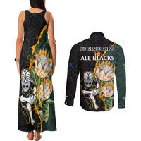 South Africa Protea and New Zealand Couples Matching Tank Maxi Dress and Long Sleeve Button Shirts Go All Black-Springboks Rugby with Kente And Maori LT9 - Wonder Print Shop