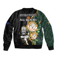 South Africa Protea and New Zealand Sleeve Zip Bomber Jacket Go All Black-Springboks Rugby with Kente And Maori - Wonder Print Shop