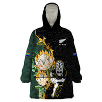 South Africa Protea and New Zealand Wearable Blanket Hoodie Go All Black-Springboks Rugby with Kente And Maori - Wonder Print Shop