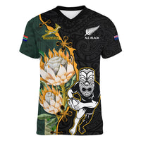 South Africa Protea and New Zealand Women V Neck T Shirt Go All Black-Springboks Rugby with Kente And Maori - Wonder Print Shop