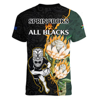 South Africa Protea and New Zealand Women V Neck T Shirt Go All Black-Springboks Rugby with Kente And Maori - Wonder Print Shop
