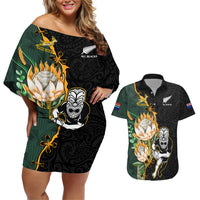 Custom South Africa Protea and New Zealand Couples Matching Off Shoulder Short Dress and Hawaiian Shirt Go All Black-Springboks Rugby with Kente And Maori LT9 - Wonder Print Shop