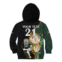 Custom South Africa Protea and New Zealand Kid Hoodie Go All Black-Springboks Rugby with Kente And Maori - Wonder Print Shop