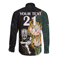 Custom South Africa Protea and New Zealand Long Sleeve Button Shirt Go All Black-Springboks Rugby with Kente And Maori - Wonder Print Shop