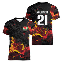 2026 Autumn Rugby Nations Wales Custom Women V-Neck T-Shirt Black Cymru Welsh Dragon