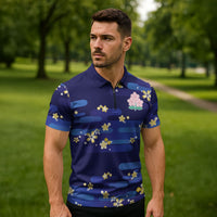 2026 Autumn Rugby Nations Japan Custom Zipper Polo Shirt Blue Sakura Japanese Asanoha Seigaiha