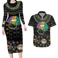Mardi Gras Lips Queen Beads Couples Matching Long Sleeve Bodycon Dress and Hawaiian Shirt