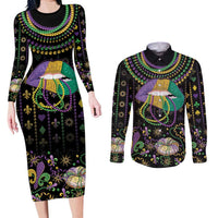 Mardi Gras Lips Queen Beads Couples Matching Long Sleeve Bodycon Dress and Long Sleeve Button Shirt