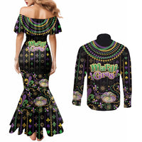 Mardi Gras Lips Queen Beads Couples Matching Mermaid Dress and Long Sleeve Button Shirt
