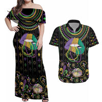 Mardi Gras Lips Queen Beads Couples Matching Off Shoulder Maxi Dress and Hawaiian Shirt