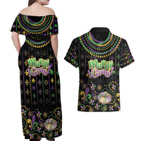 Mardi Gras Lips Queen Beads Couples Matching Off Shoulder Maxi Dress and Hawaiian Shirt