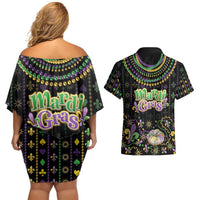 Mardi Gras Lips Queen Beads Couples Matching Off Shoulder Short Dress and Hawaiian Shirt
