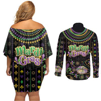 Mardi Gras Lips Queen Beads Couples Matching Off Shoulder Short Dress and Long Sleeve Button Shirt