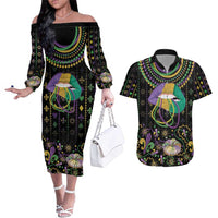Mardi Gras Lips Queen Beads Couples Matching Off The Shoulder Long Sleeve Dress and Hawaiian Shirt