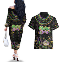 Mardi Gras Lips Queen Beads Couples Matching Off The Shoulder Long Sleeve Dress and Hawaiian Shirt