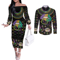 Mardi Gras Lips Queen Beads Couples Matching Off The Shoulder Long Sleeve Dress and Long Sleeve Button Shirt