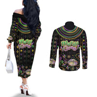 Mardi Gras Lips Queen Beads Couples Matching Off The Shoulder Long Sleeve Dress and Long Sleeve Button Shirt