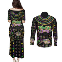 Mardi Gras Lips Queen Beads Couples Matching Puletasi and Long Sleeve Button Shirt