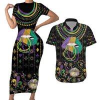 Mardi Gras Lips Queen Beads Couples Matching Short Sleeve Bodycon Dress and Hawaiian Shirt