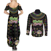 Mardi Gras Lips Queen Beads Couples Matching Summer Maxi Dress and Long Sleeve Button Shirt
