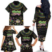 Mardi Gras Lips Queen Beads Family Matching Off The Shoulder Long Sleeve Dress and Hawaiian Shirt