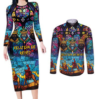 Epiphany Three Kings Day Couples Matching Long Sleeve Bodycon Dress and Long Sleeve Button Shirt Stained Glass Window Style