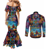 Epiphany Three Kings Day Couples Matching Mermaid Dress and Long Sleeve Button Shirt Stained Glass Window Style