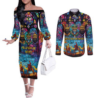 Epiphany Three Kings Day Couples Matching Off The Shoulder Long Sleeve Dress and Long Sleeve Button Shirt Stained Glass Window Style