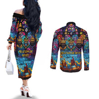 Epiphany Three Kings Day Couples Matching Off The Shoulder Long Sleeve Dress and Long Sleeve Button Shirt Stained Glass Window Style