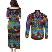 Epiphany Three Kings Day Couples Matching Puletasi and Long Sleeve Button Shirt Stained Glass Window Style