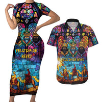 Epiphany Three Kings Day Couples Matching Short Sleeve Bodycon Dress and Hawaiian Shirt Stained Glass Window Style