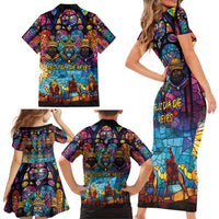 Epiphany Three Kings Day Family Matching Short Sleeve Bodycon Dress and Hawaiian Shirt Stained Glass Window Style - Wonder Print Shop