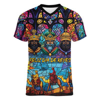 Epiphany Three Kings Day Women V-Neck T-Shirt Stained Glass Window Style - Wonder Print Shop