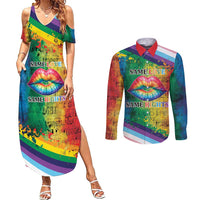 Beautiful Rainbow Lips Kiss Couples Matching Summer Maxi Dress and Long Sleeve Button Shirt LGBTQ Same Love Same Rights