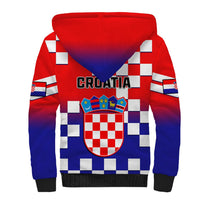 Red-to-blue sherpa hoodie with Croatia text, crest emblem, and checkerboard flag sleeves, back view