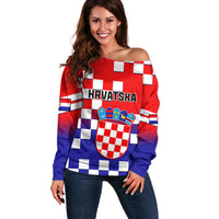 Personalised Croatia Off Shoulder Sweater Hrvatska Checkerboard Gradient Style - Wonder Print Shop
