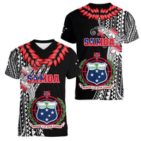 Polynesian Pride Samoa Women V Neck T Shirt Ula Fala Mix Samoan Tribal Black Version - Wonder Print Shop
