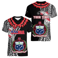 Personalised Samoa Women V Neck T Shirt Ula Fala Mix Samoan Tribal Black Version - Wonder Print Shop