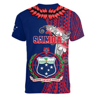 Polynesian Pride Samoa Women V Neck T Shirt Ula Fala Mix Samoan Tribal Blue Version - Wonder Print Shop