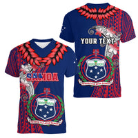 Personalised Samoa Women V Neck T Shirt Ula Fala Mix Samoan Tribal Blue Version - Wonder Print Shop
