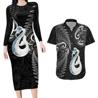 Personalised New Zealand Couples Long Sleeve Bodycon Dress and Hawaiian Shirt Aotearoa Silver Fern With Manaia Maori Unique Black - Wonder Print Shop
