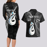 Personalised New Zealand Couples Long Sleeve Bodycon Dress and Hawaiian Shirt Aotearoa Silver Fern With Manaia Maori Unique Black - Wonder Print Shop