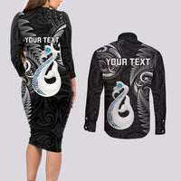 Personalised New Zealand Couples Long Sleeve Bodycon Dress and Long Sleeve Button Shirts Aotearoa Silver Fern With Manaia Maori Unique Black - Wonder Print Shop