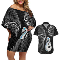 Personalised New Zealand Couples Off Shoulder Short Dress and Hawaiian Shirt Aotearoa Silver Fern With Manaia Maori Unique Black - Wonder Print Shop