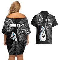 Personalised New Zealand Couples Off Shoulder Short Dress and Hawaiian Shirt Aotearoa Silver Fern With Manaia Maori Unique Black - Wonder Print Shop